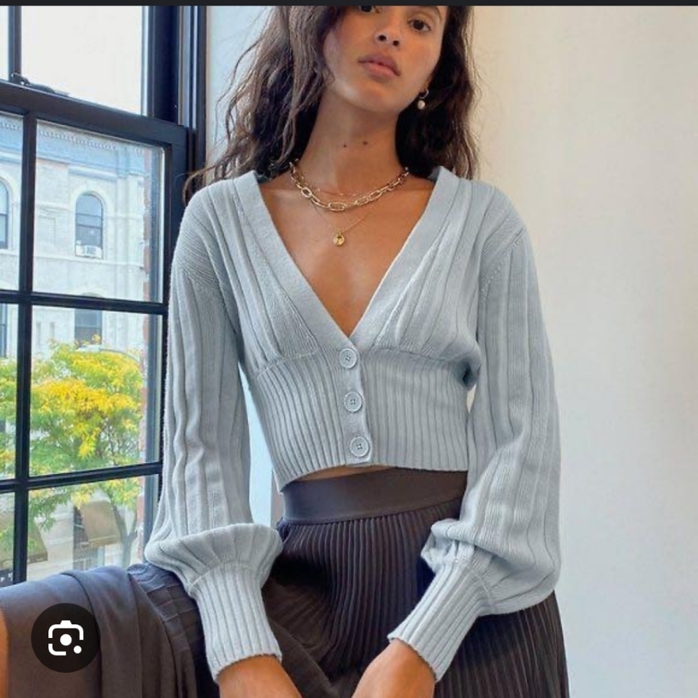 ARITZIA Wilfred Plunge Front Cardigan Ribbed Light Blue